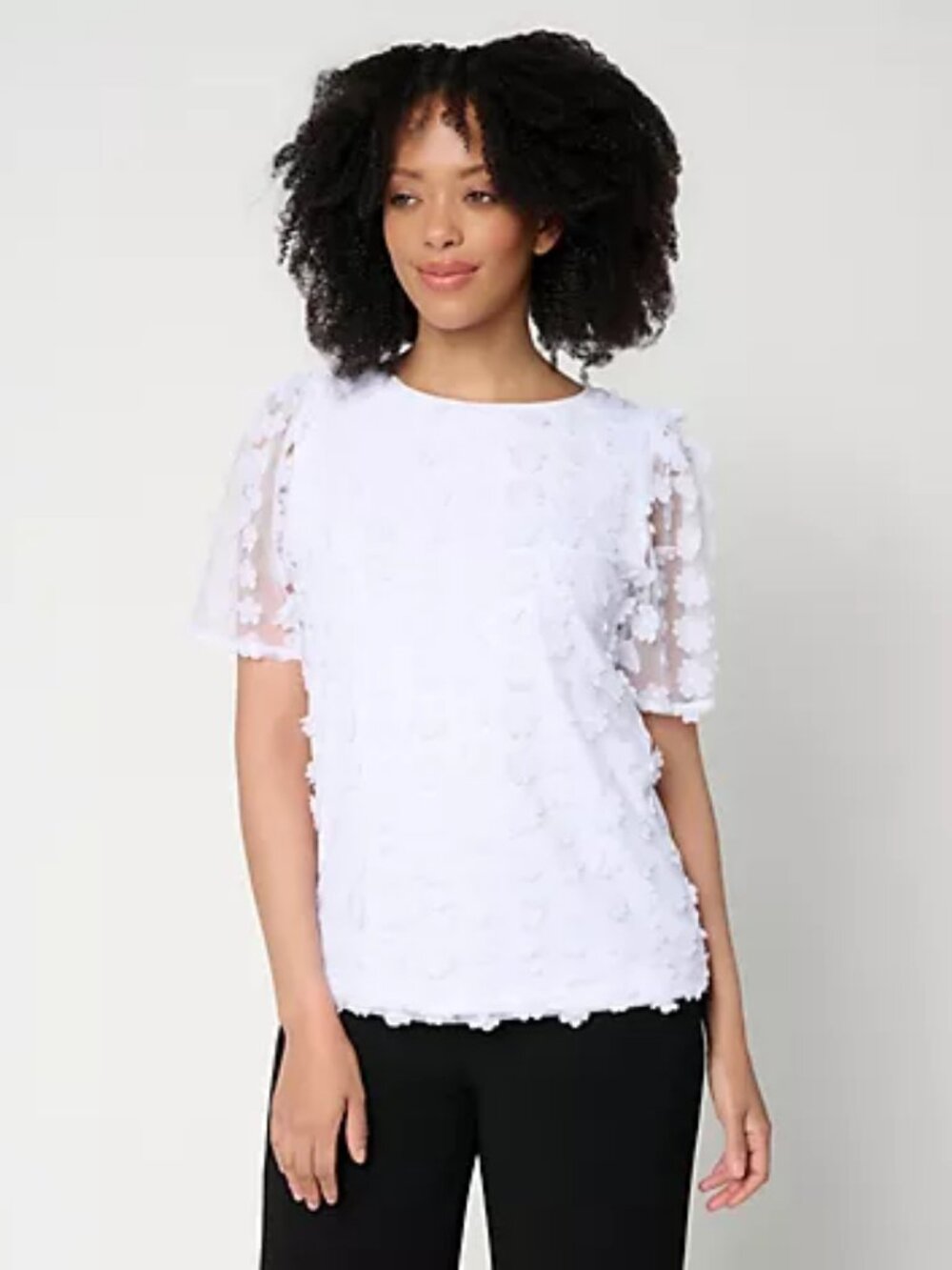 Dennis Basso Knit Top with Floral Mesh Overlay, White Sz M a726169